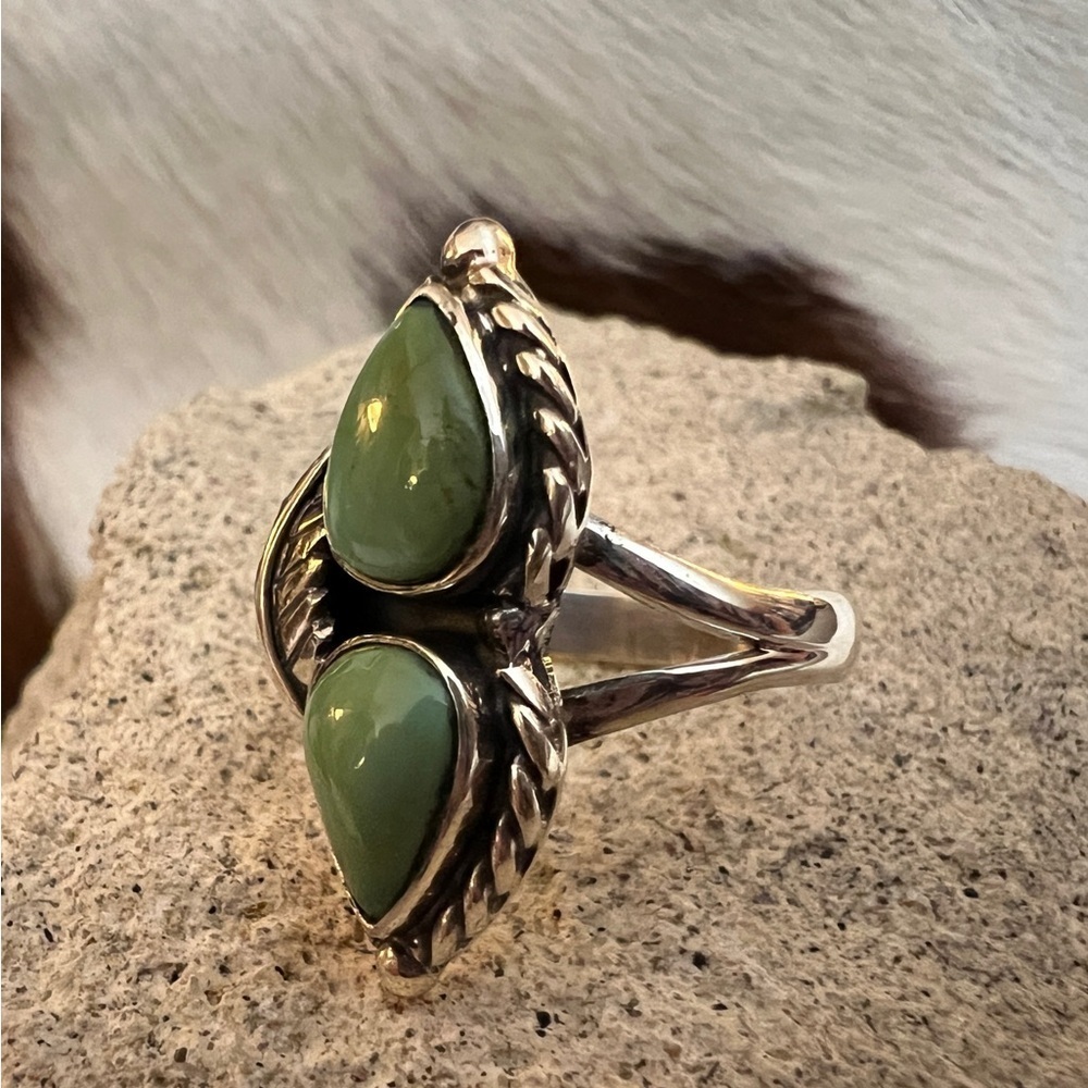 ❤️ Kingman Turquoise 2 Stone Statement Ring Southwestern Navajo Style Size 8.75 - Picture 5 of 13